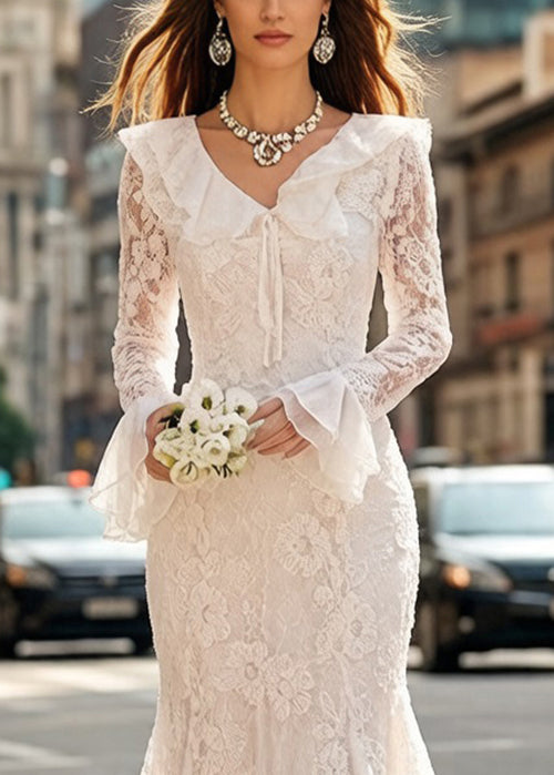 Elegant White Embroidered Lace Up Fish Tail Dress Flare Sleeve - Omychic