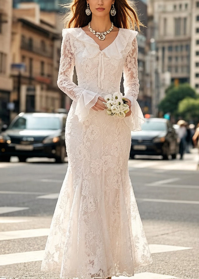 Elegant White Embroidered Lace Up Fish Tail Dress Flare Sleeve - Omychic