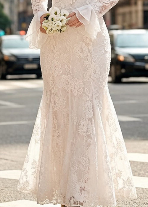 Elegant White Embroidered Lace Up Fish Tail Dress Flare Sleeve - Omychic