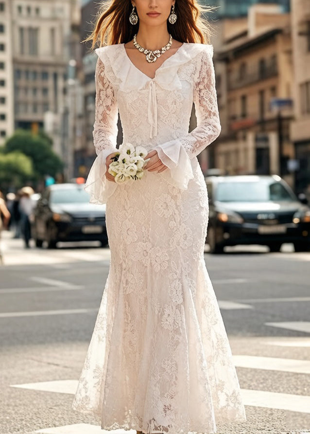 Elegant White Embroidered Lace Up Fish Tail Dress Flare Sleeve - Omychic