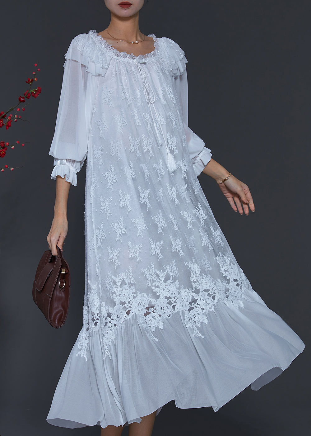 Elegant White Embroidered Patchwork Lace Dresses Spring