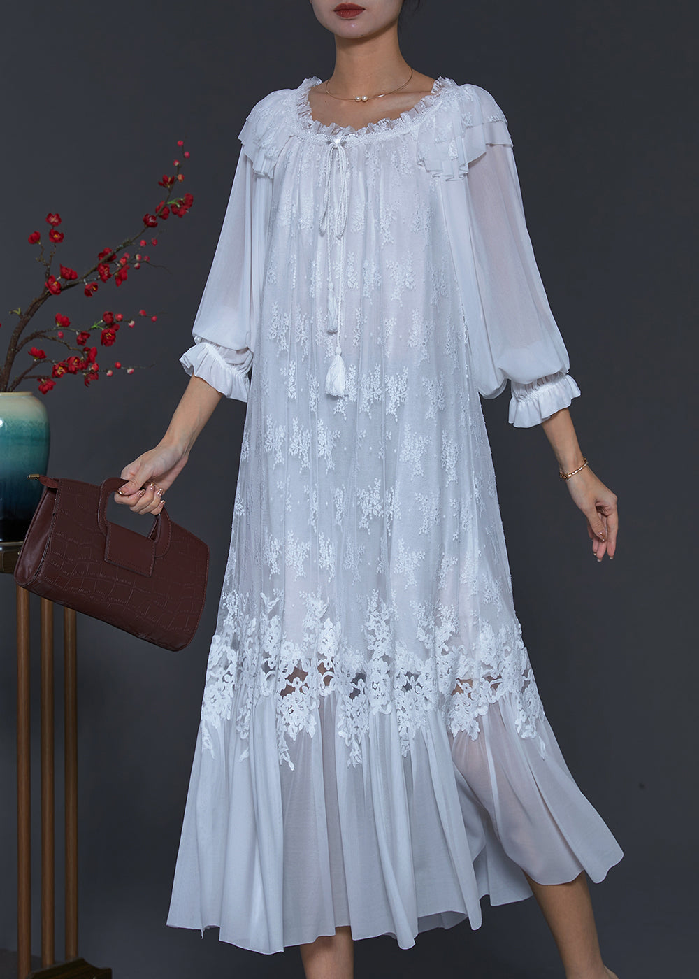 Elegant White Embroidered Patchwork Lace Dresses Spring