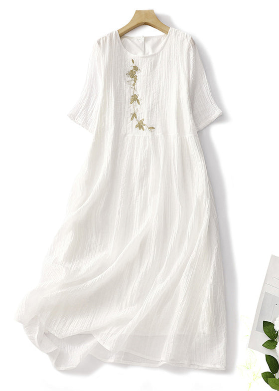 Elegant White Embroidered Solid Linen Long Dresses Summer