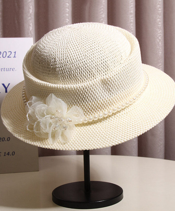 Elegant White Floral Nail Bead Straw Woven Bucket Hat