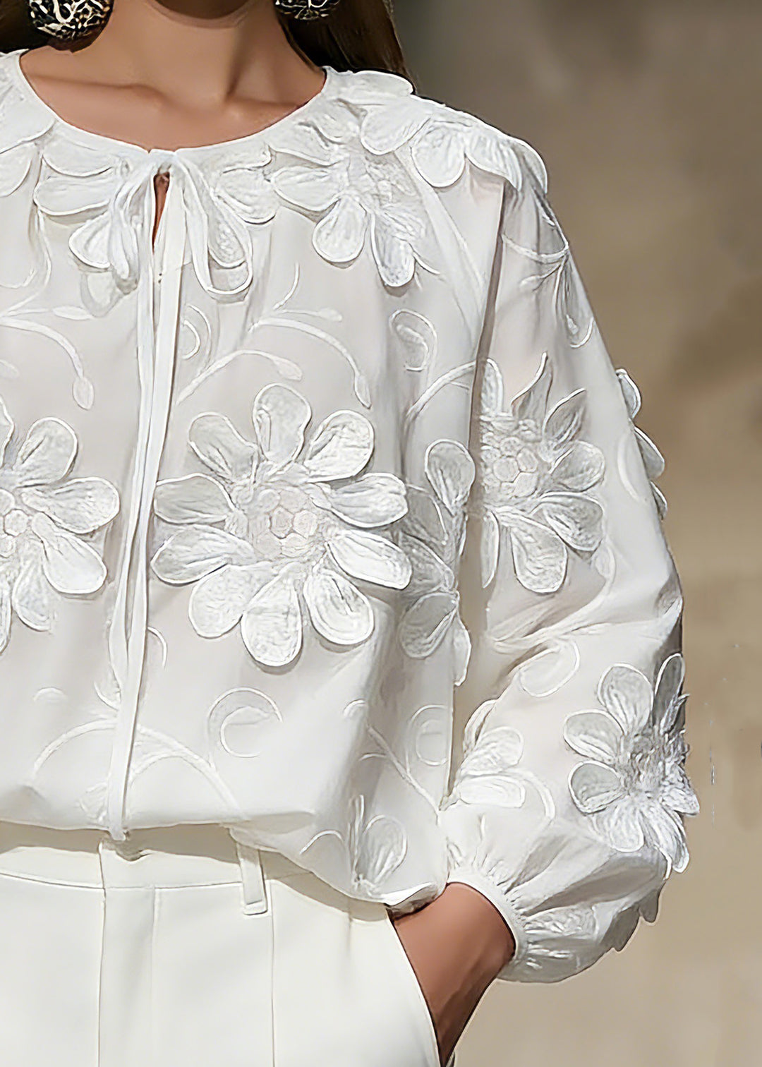 Elegant White Floral Tie Lace Tops Spring