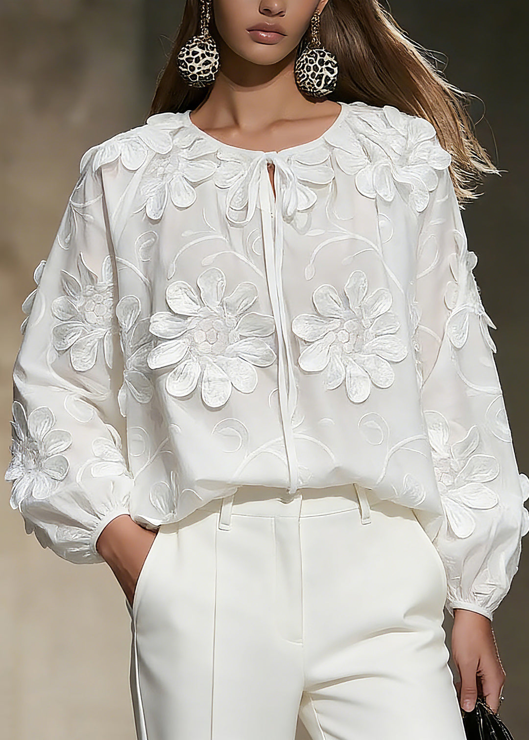 Elegant White Floral Tie Lace Tops Spring