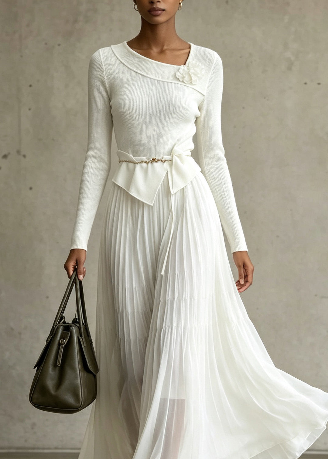 Elegant White Floral Wrinkled Patchwork Knit Long Dress Fall
