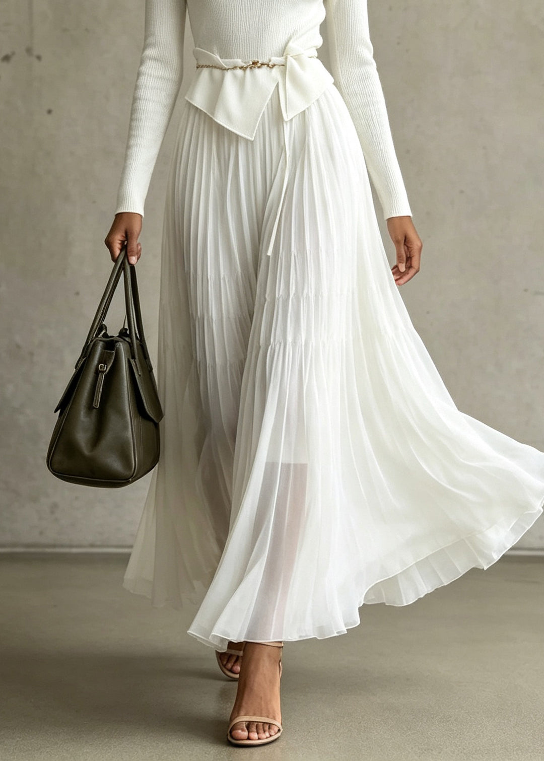 Elegant White Floral Wrinkled Patchwork Knit Long Dress Fall