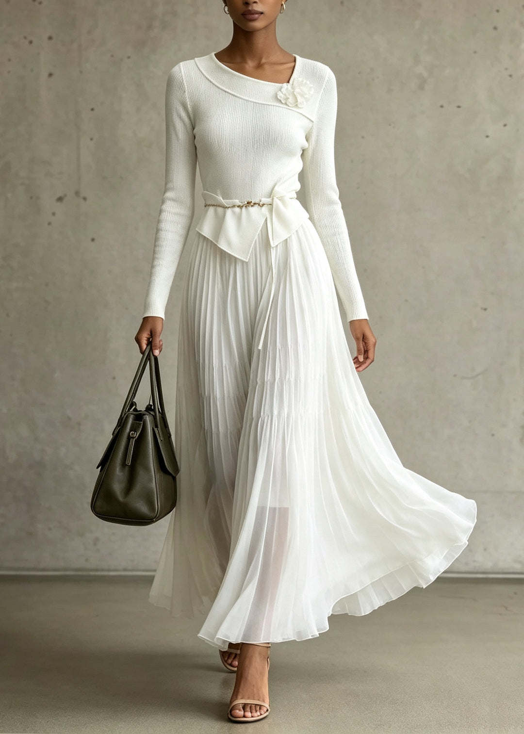 Elegant White Floral Wrinkled Patchwork Knit Long Dress Fall