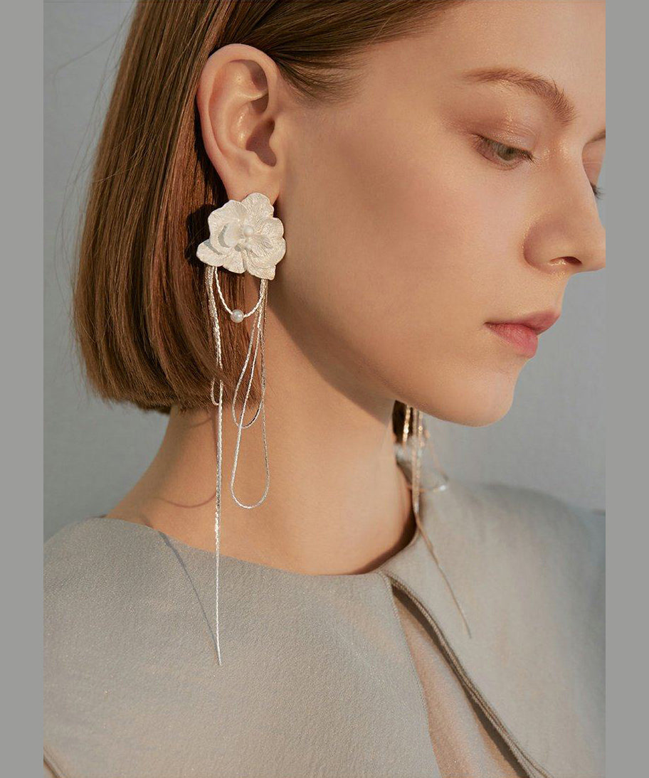 Elegant White Flower Tasseled Metal Drop Earrings