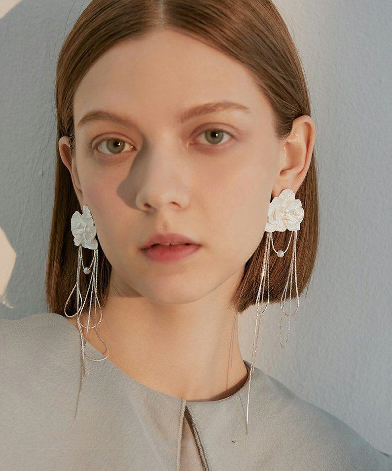 Elegant White Flower Tasseled Metal Drop Earrings