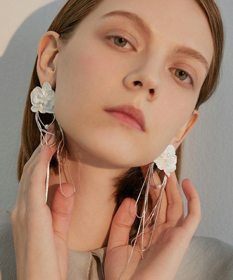 Elegant White Flower Tasseled Metal Drop Earrings