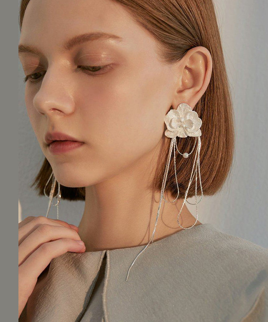 Elegant White Flower Tasseled Metal Drop Earrings