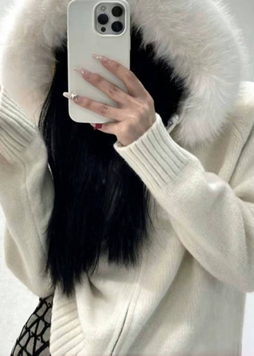 Elegant White Fur Collar Zippered Solid Knit Coats Winter