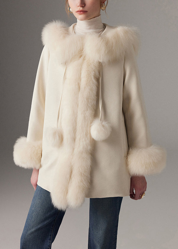Elegant White Fuzzy Ball Decorated Fine Cotton Filled Coats Winter