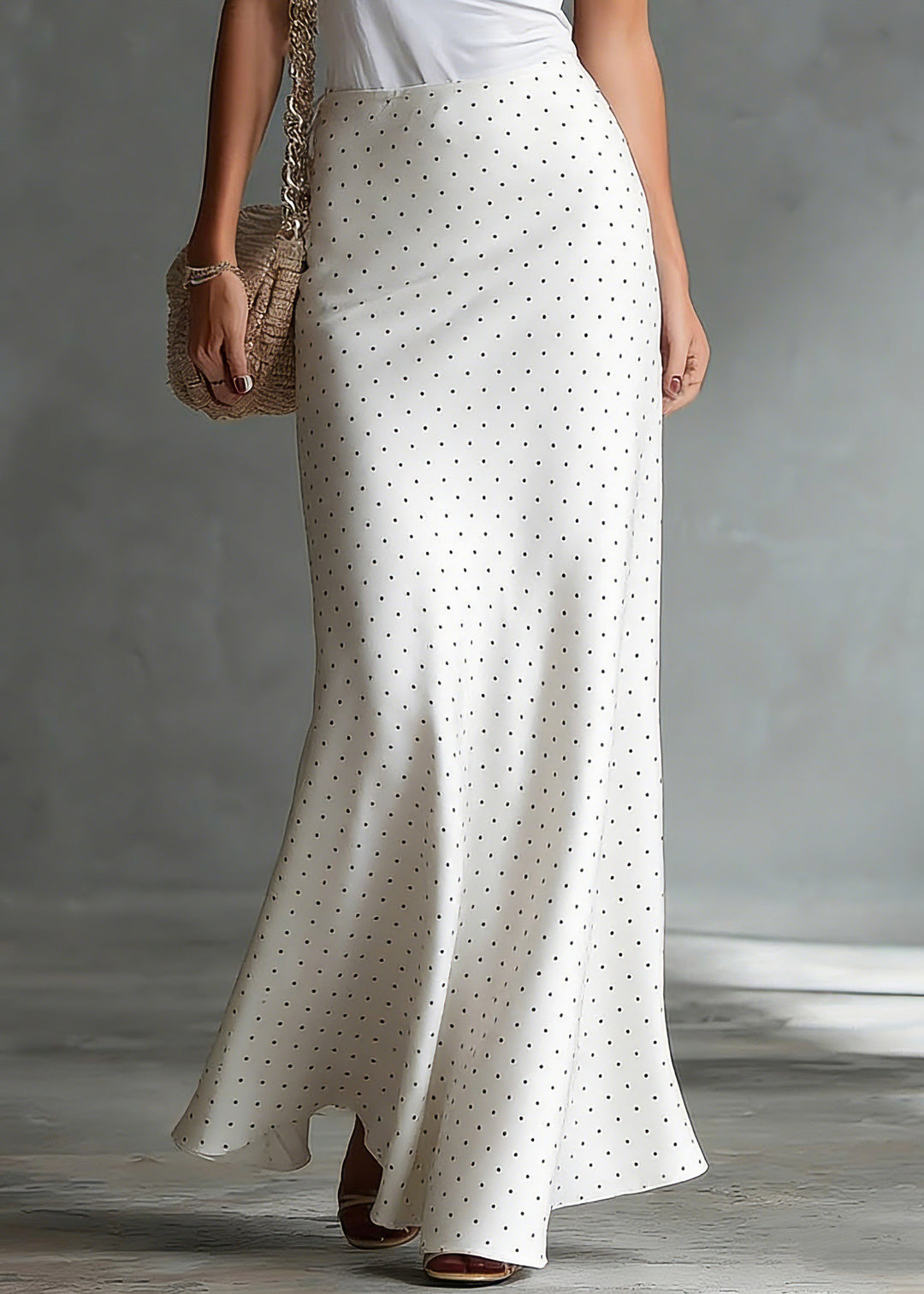 Elegant White High Waist Dot Satin A Line Skirts Summer