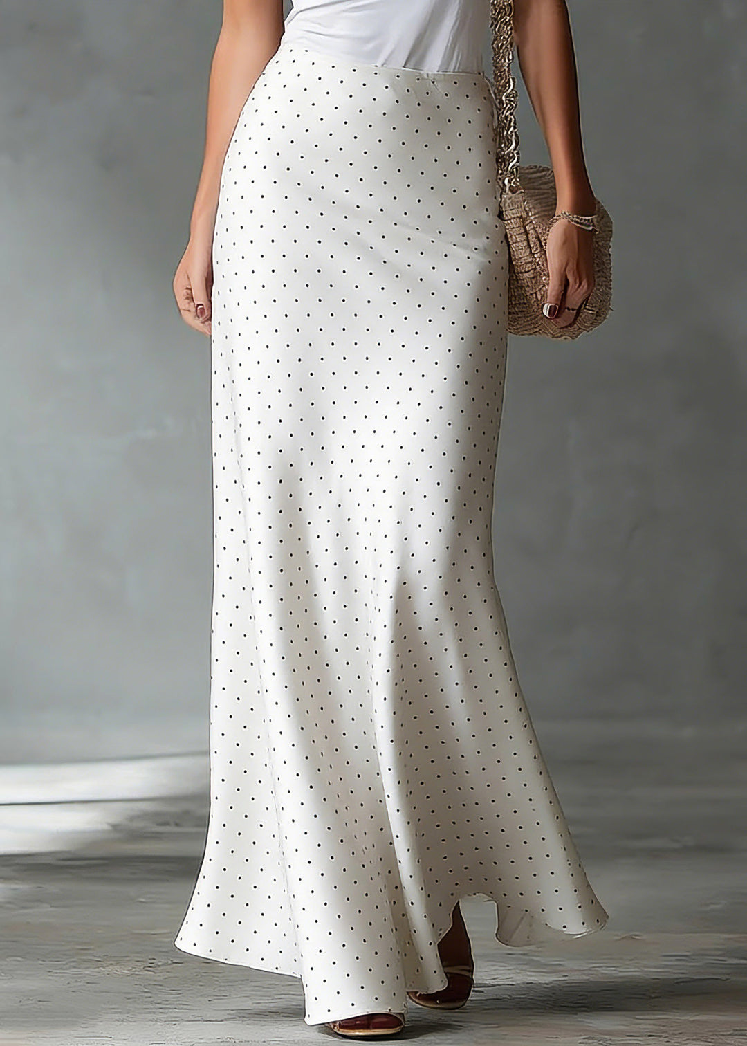 Elegant White High Waist Dot Satin A Line Skirts Summer