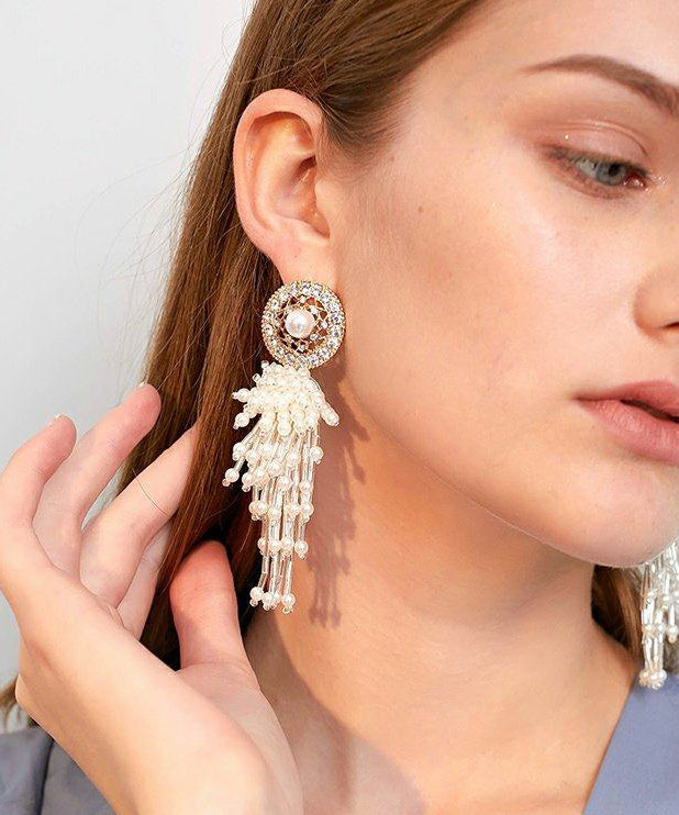 Elegant White Hollow Out Pearl Tassels Exaggeration Alloy Drop Earrings