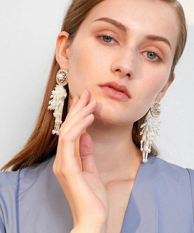 Elegant White Hollow Out Pearl Tassels Exaggeration Alloy Drop Earrings