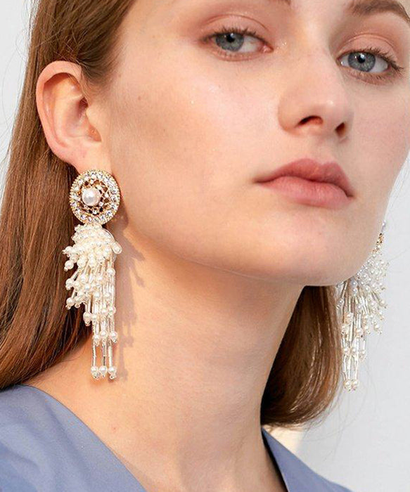 Elegant White Hollow Out Pearl Tassels Exaggeration Alloy Drop Earrings
