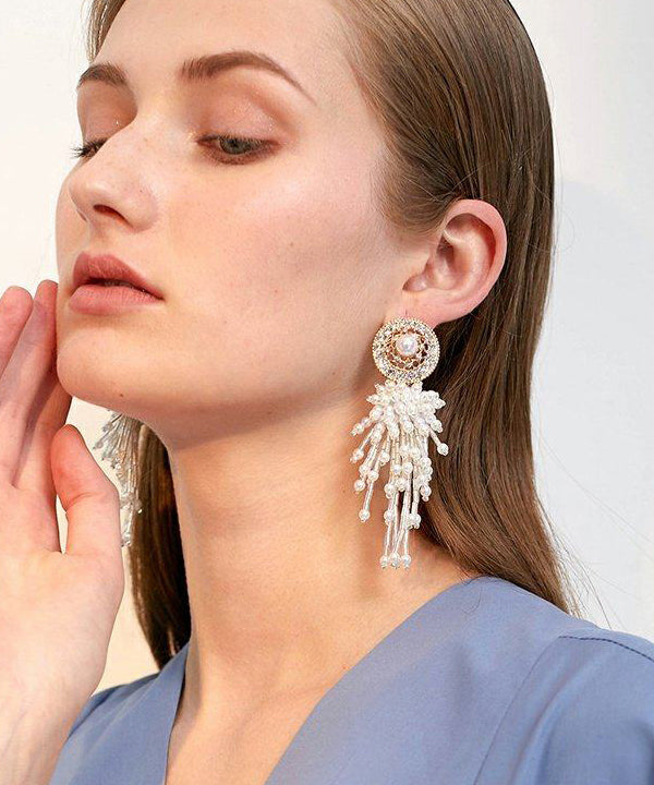 Elegant White Hollow Out Pearl Tassels Exaggeration Alloy Drop Earrings