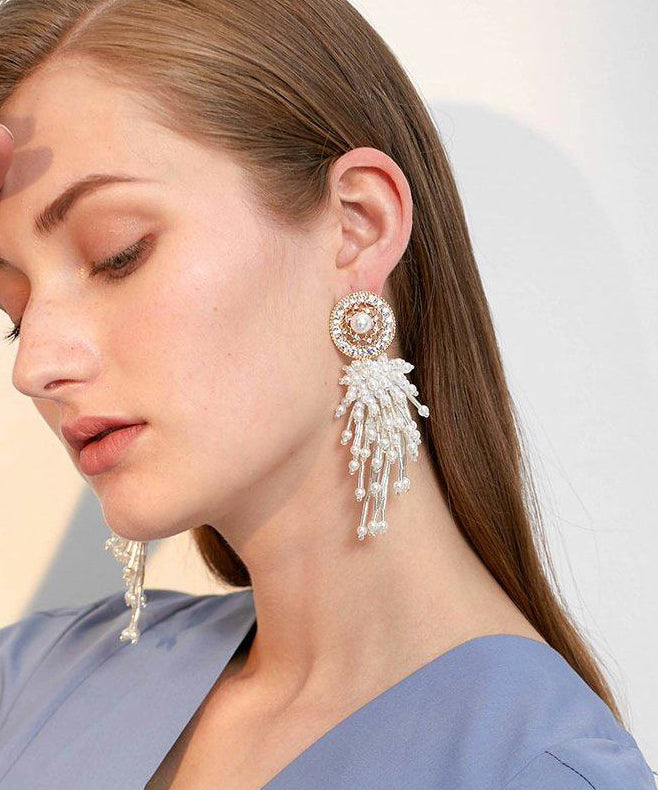 Elegant White Hollow Out Pearl Tassels Exaggeration Alloy Drop Earrings