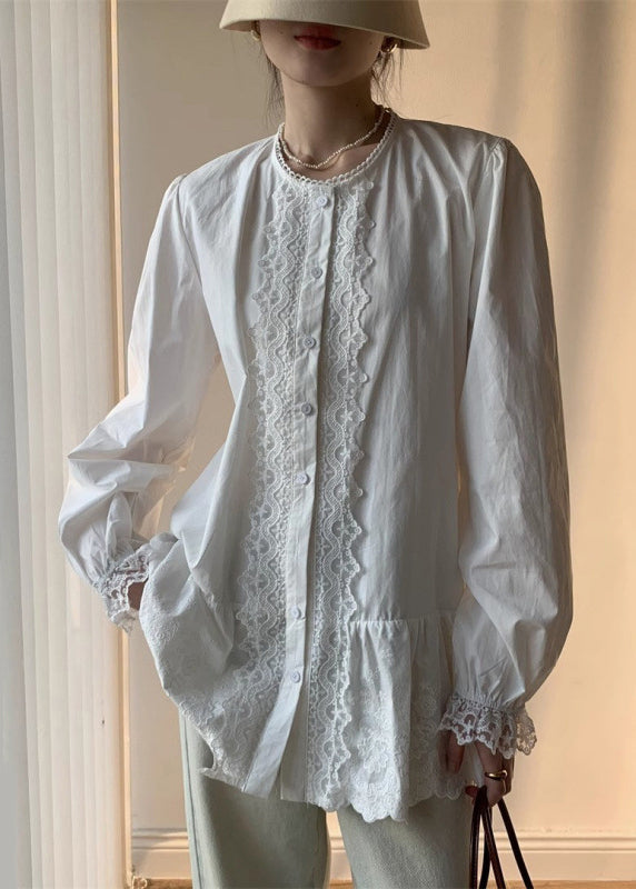 Elegant White Lace Button Cotton Shirt Fall