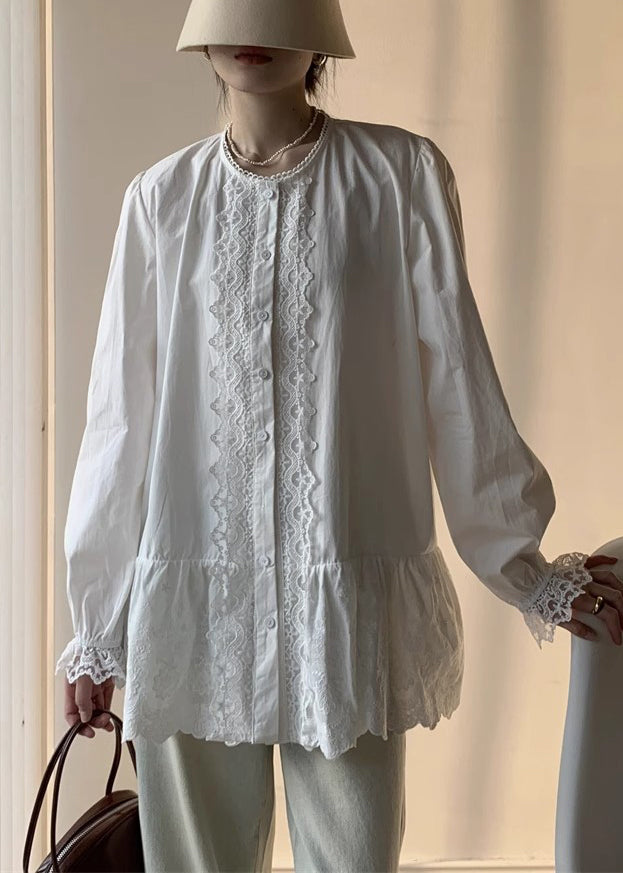 Elegant White Lace Button Cotton Shirt Fall