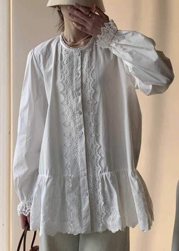 Elegant White Lace Button Cotton Shirt Fall