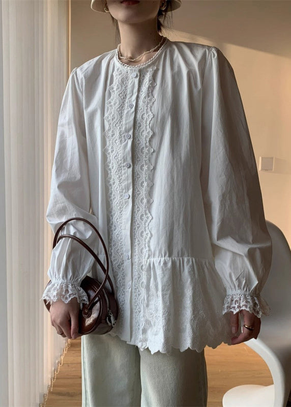 Elegant White Lace Button Cotton Shirt Fall