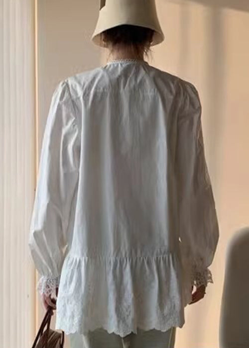 Elegant White Lace Button Cotton Shirt Fall