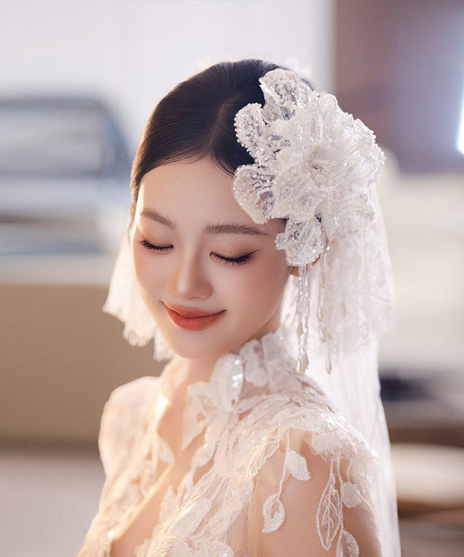 Elegant White Lace Double-Layer Floral Sequins Tassel Single Hairpin