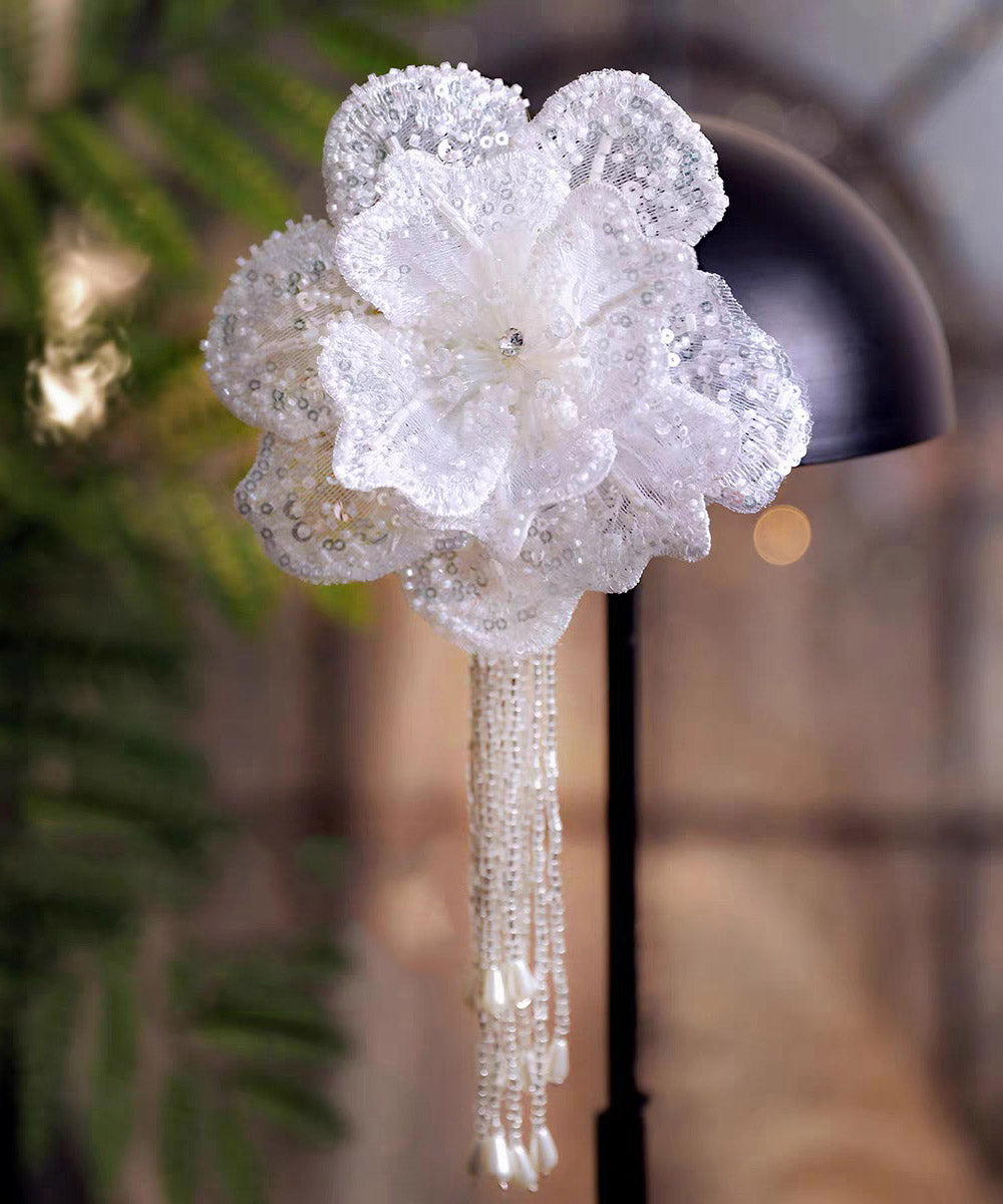 Elegant White Lace Double-Layer Floral Sequins Tassel Single Hairpin