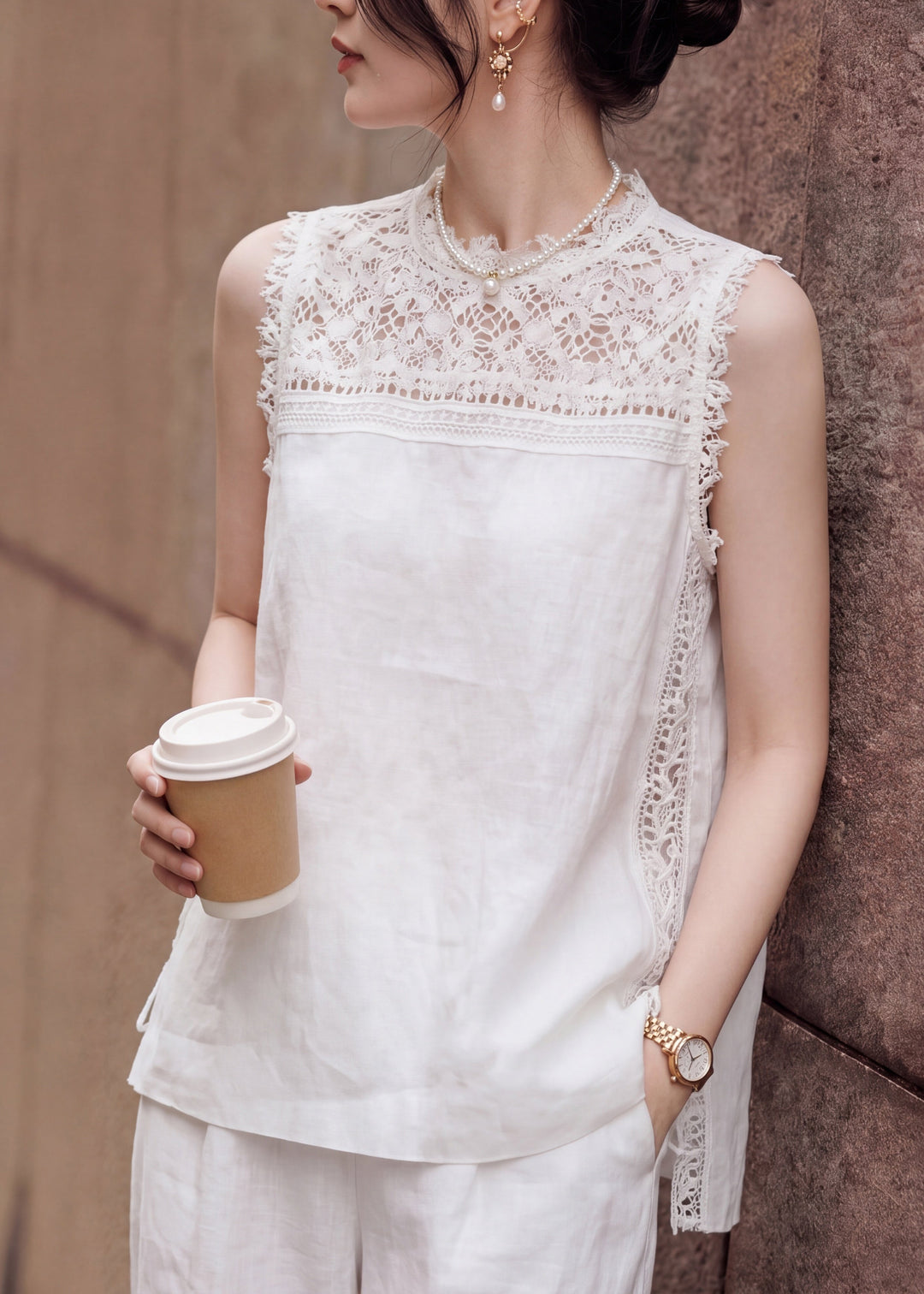 Elegant White Lace Patchwork Low High Design Vest Sleeveless