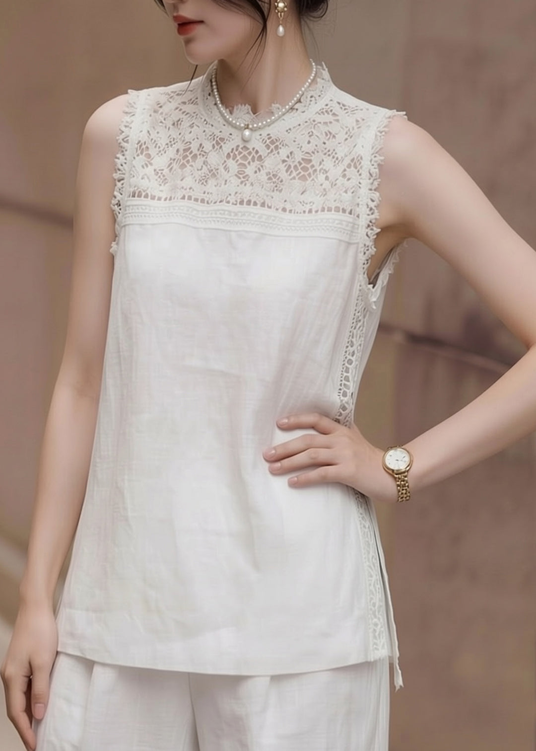 Elegant White Lace Patchwork Low High Design Vest Sleeveless