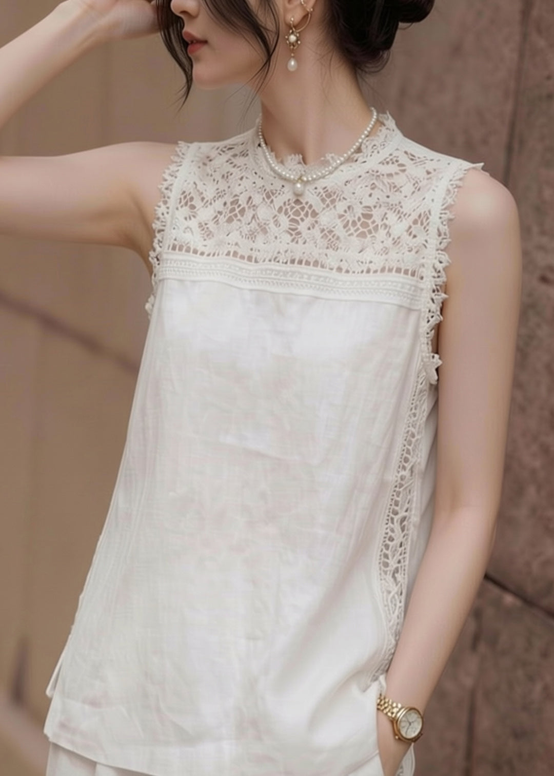 Elegant White Lace Patchwork Low High Design Vest Sleeveless
