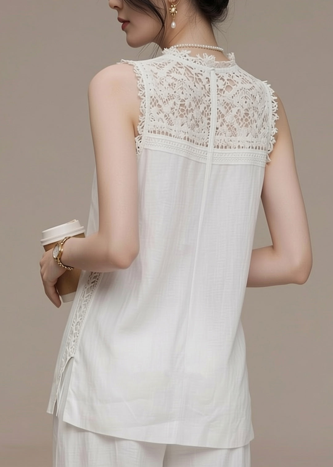 Elegant White Lace Patchwork Low High Design Vest Sleeveless