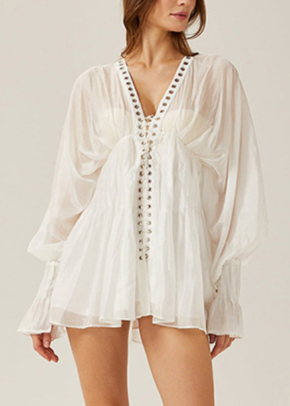Elegant White Lace Up Hollow Out Thin Cotton Blouses Butterfly Sleeve