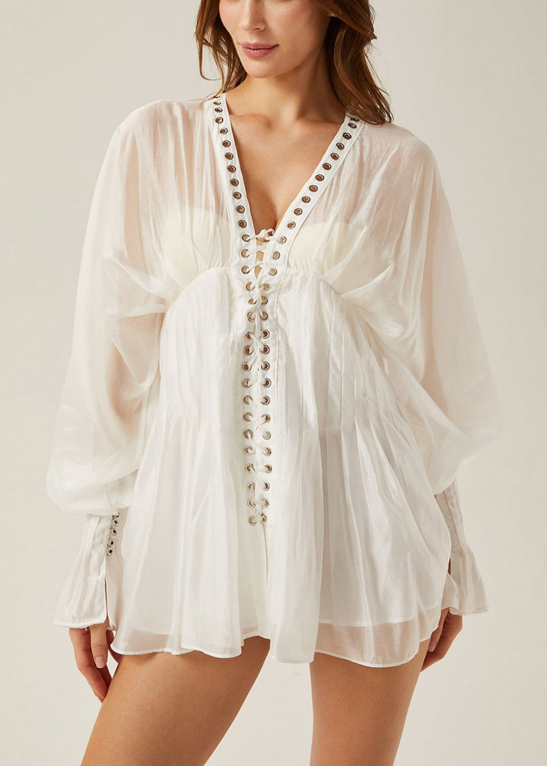 Elegant White Lace Up Hollow Out Thin Cotton Blouses Butterfly Sleeve