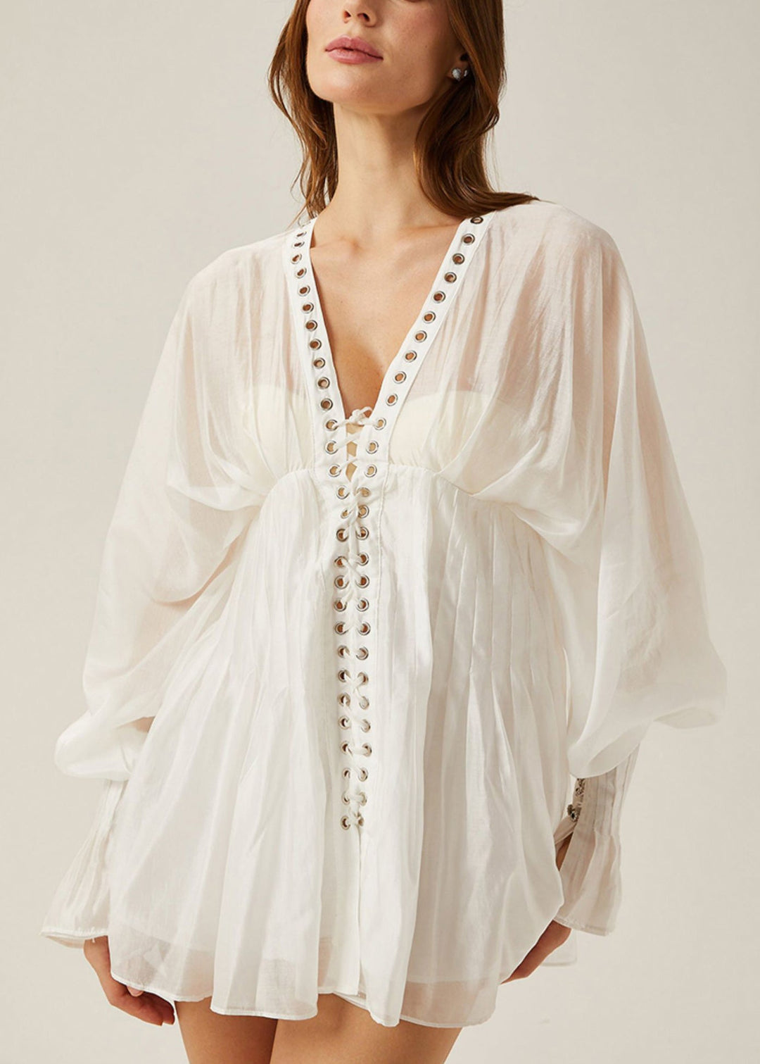 Elegant White Lace Up Hollow Out Thin Cotton Blouses Butterfly Sleeve