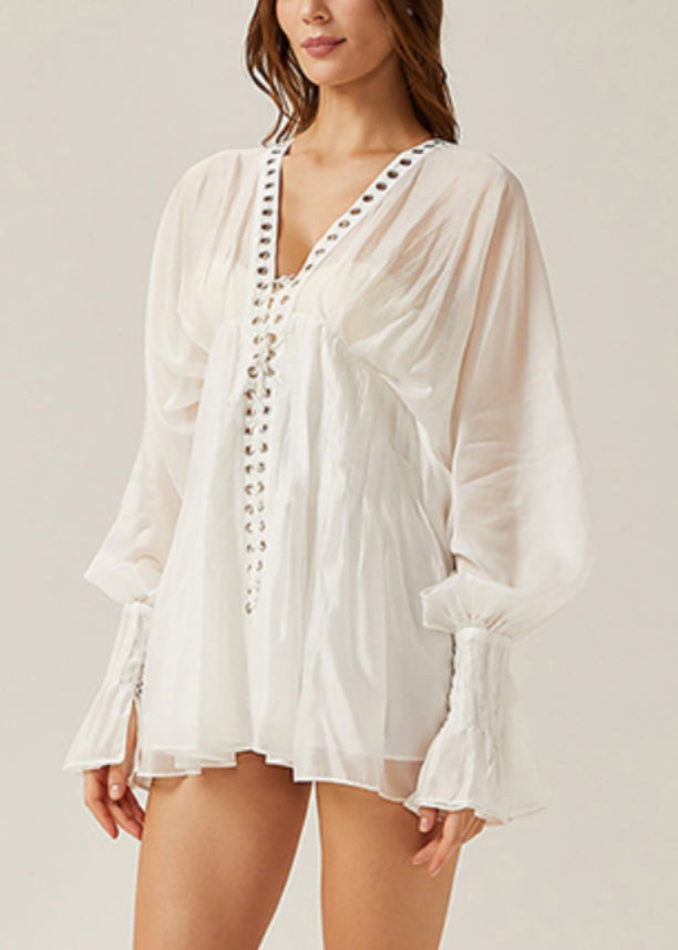 Elegant White Lace Up Hollow Out Thin Cotton Blouses Butterfly Sleeve