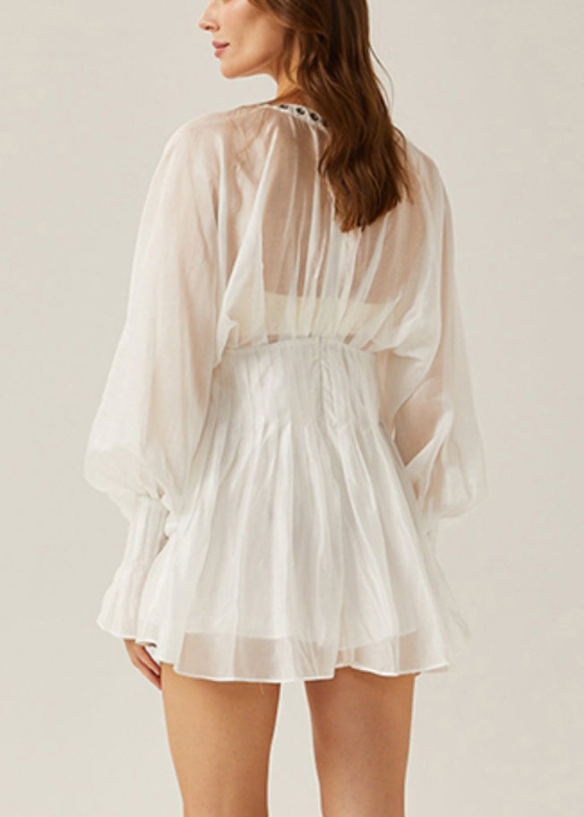 Elegant White Lace Up Hollow Out Thin Cotton Blouses Butterfly Sleeve