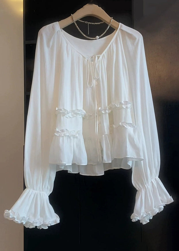 Elegant White Lace Up Ruffled Cotton Shirt Top Flare Sleeve