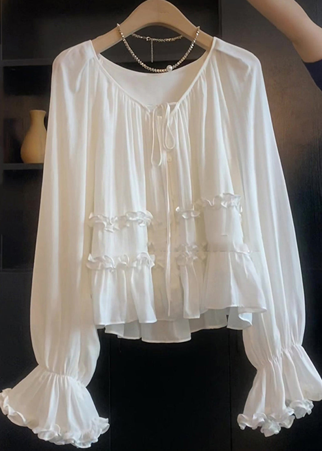 Elegant White Lace Up Ruffled Cotton Shirt Top Flare Sleeve