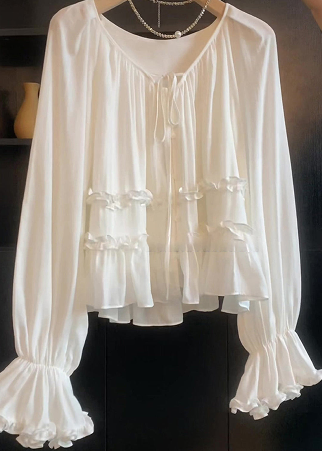 Elegant White Lace Up Ruffled Cotton Shirt Top Flare Sleeve