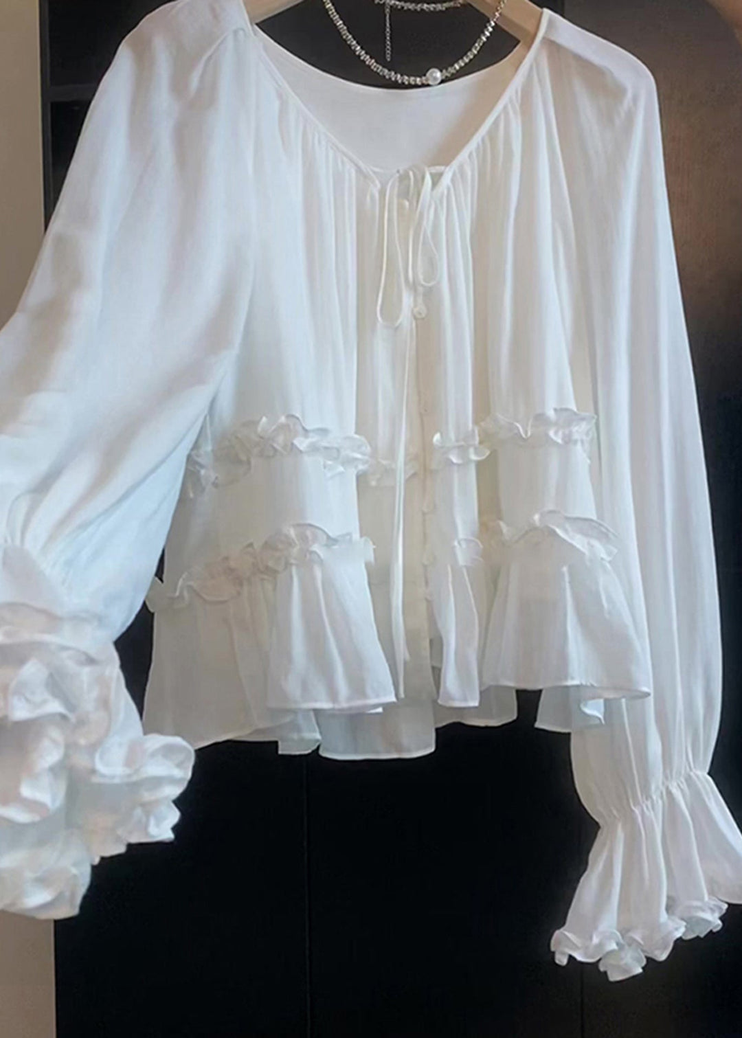 Elegant White Lace Up Ruffled Cotton Shirt Top Flare Sleeve
