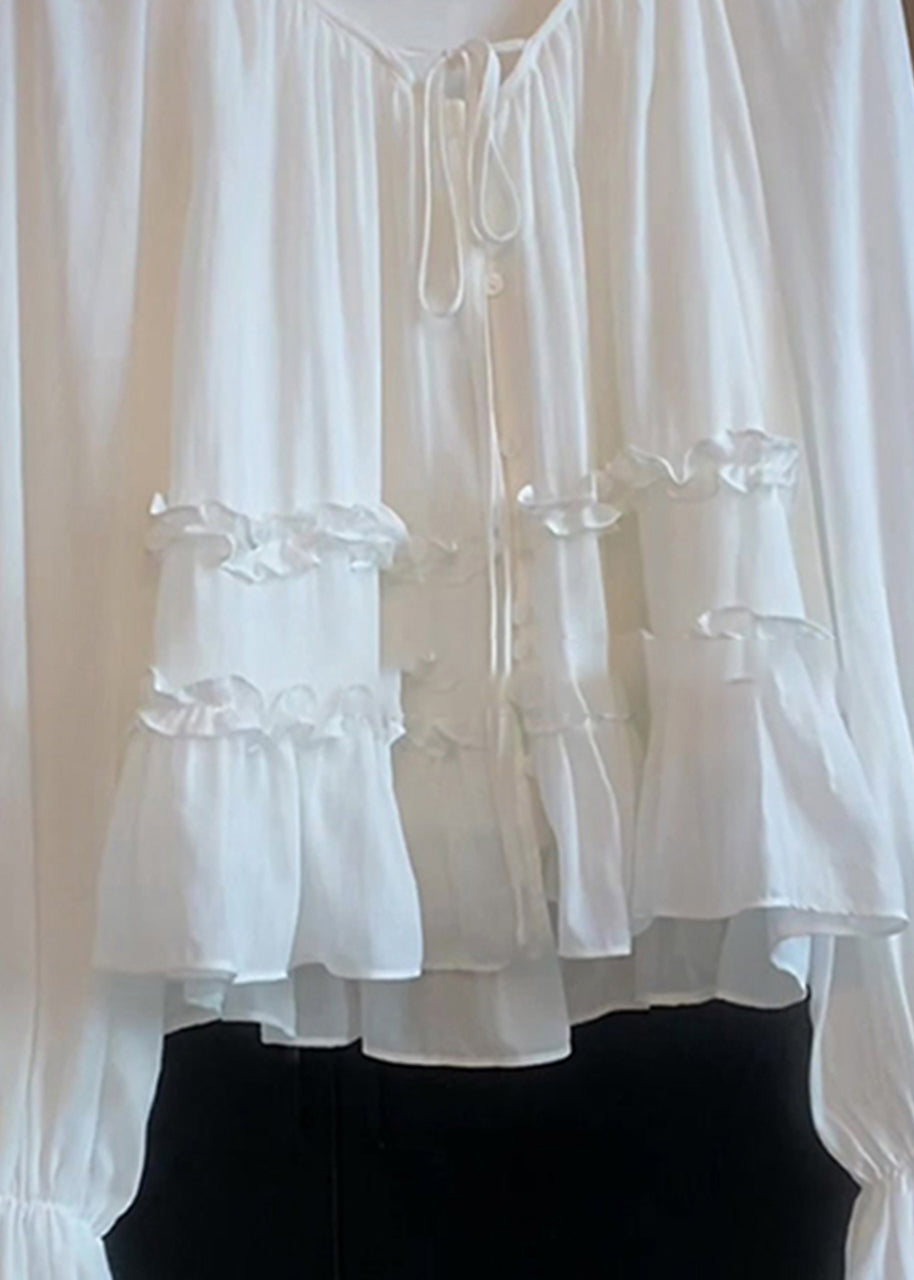 Elegant White Lace Up Ruffled Cotton Shirt Top Flare Sleeve