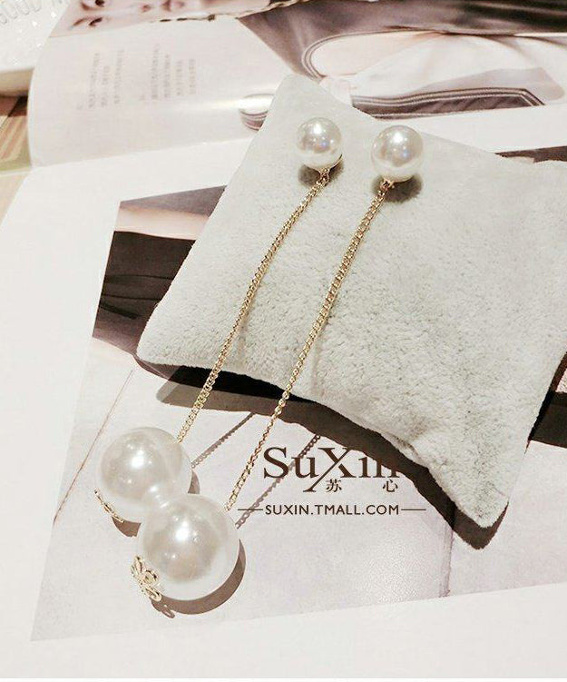 Elegant White Long Tasseled Pearl Drop Earrings
