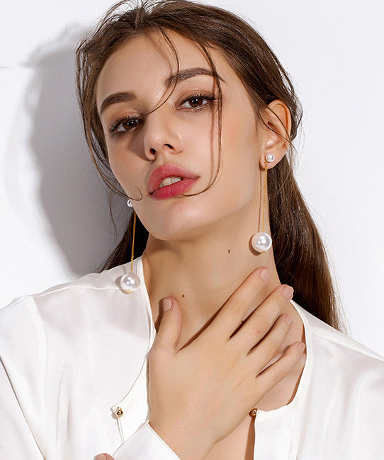 Elegant White Long Tasseled Pearl Drop Earrings