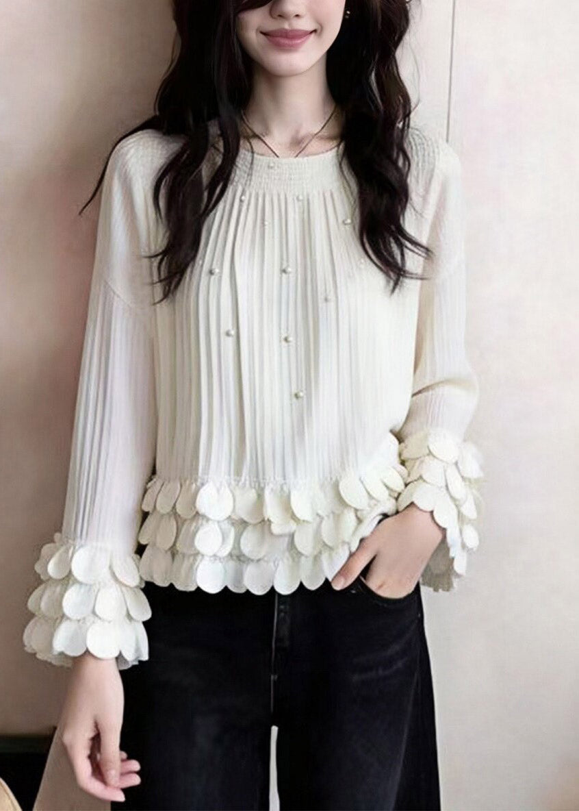 Elegant White O-Neck Nail Bead Patchwork Top Fall